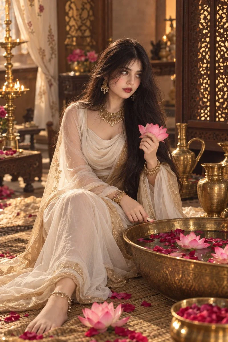 Golden Hour Portrait of Serene Beauty with Lotus Blossom