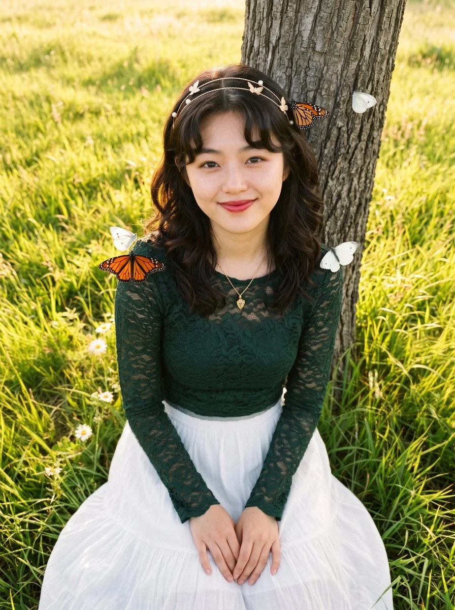 Golden Hour Portrait of Woman With Butterflies in a Field