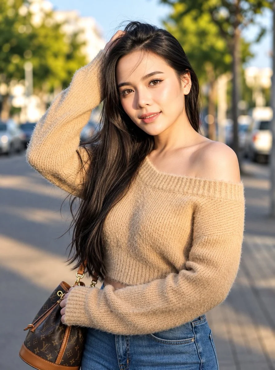 Golden Hour Portrait of Young Asian Woman on City Street