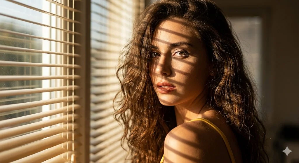 Golden Hour Portrait: Shadows and Light on a Seductive Gaze