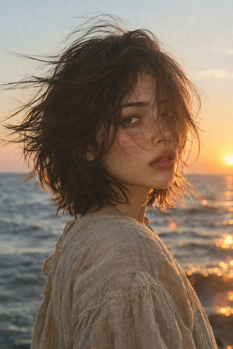Golden Hour Portrait: Woman by Sea with Windblown Shag-Bob Hair