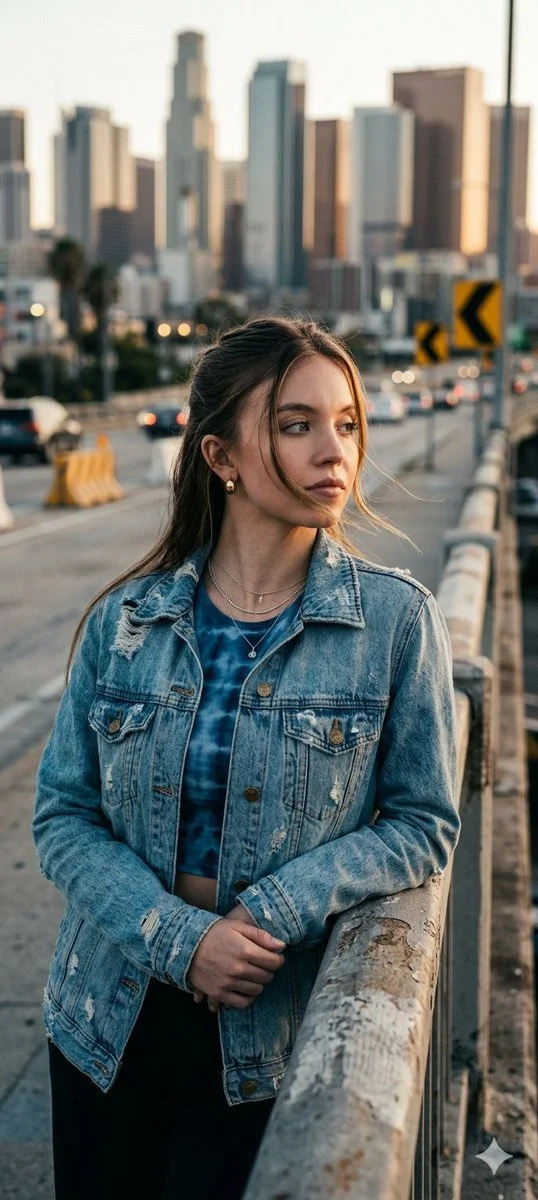 Golden Hour Reflection: Urban Portrait of Sydney Sweeney on Overpass