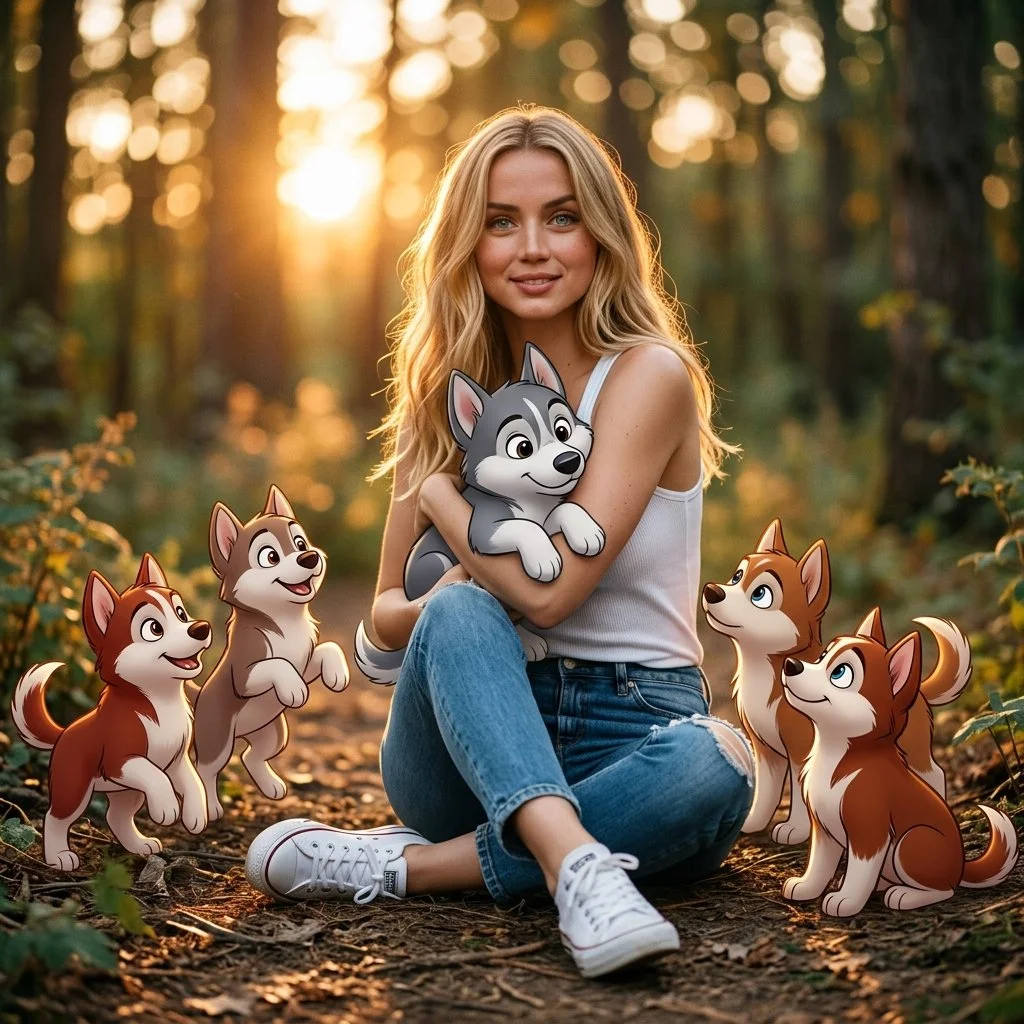 Golden Hour Serenity: Sadie Sink with Playful Animated Huskies