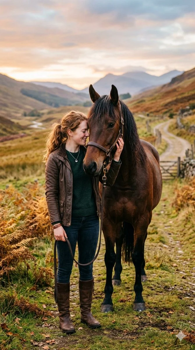 Golden Hour Serenity: Woman and Bay Horse in Scottish Highlands