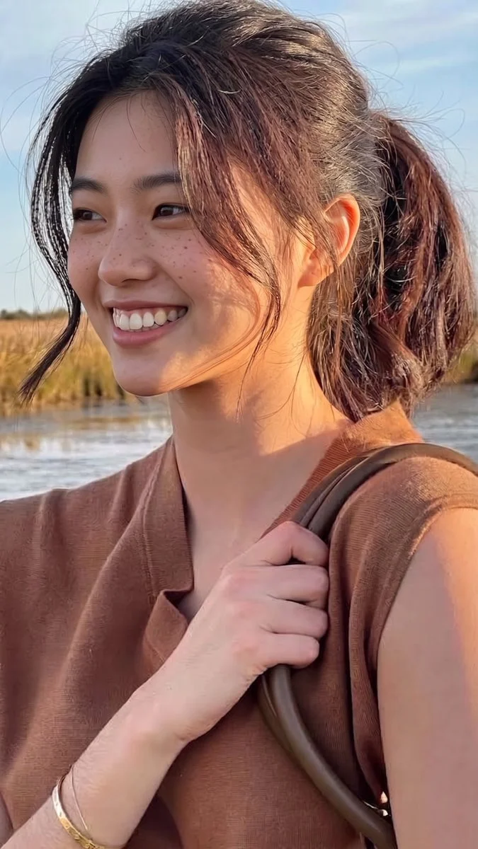 Golden Hour Smile: Woman With Freckles In Tall Grass