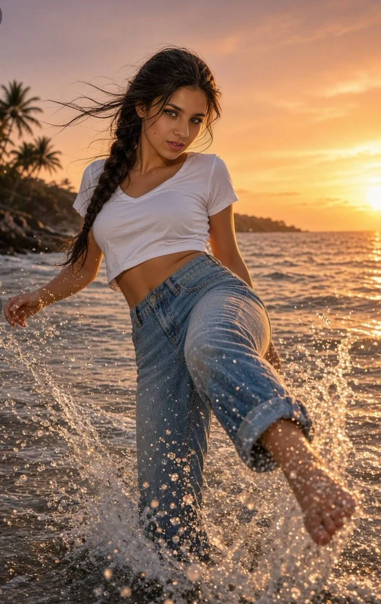 Golden hour splash: woman's playful kick sends water flying