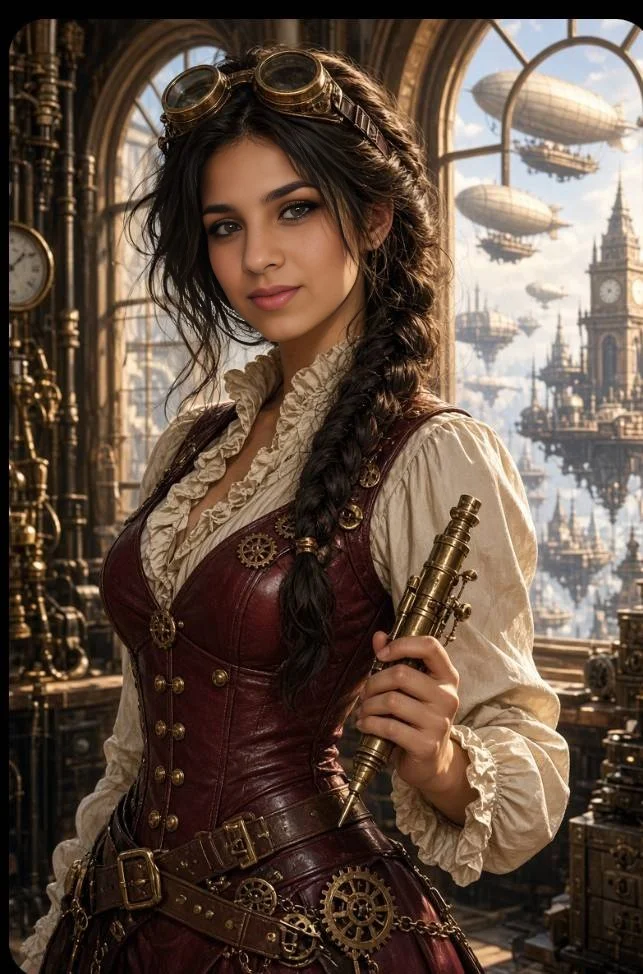 Golden hour steampunk portrait of woman with spyglass and flying zeppelins