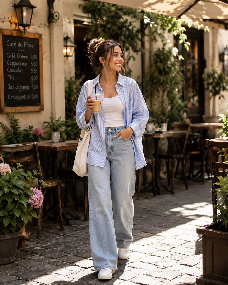 Golden-hour sunlight bathes a smiling fashion influencer in a charming café.