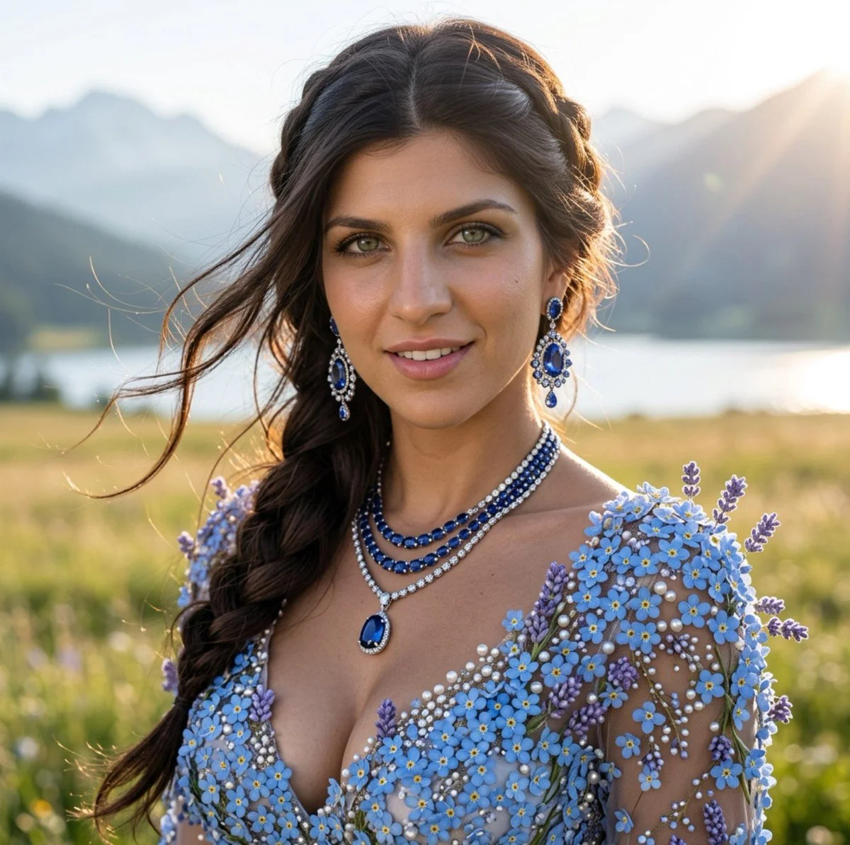 Golden hour sunlight highlights her natural green eyes and hair