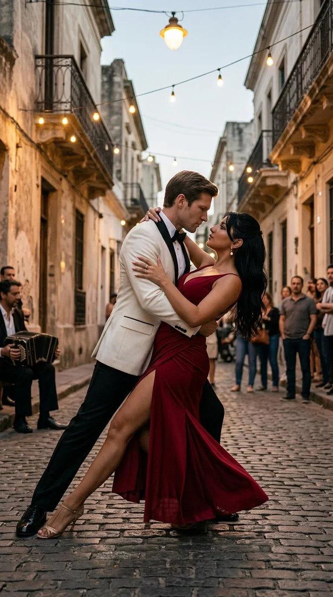 Golden Hour Tango: Intense Embrace on Buenos Aires’ Historic Streets
