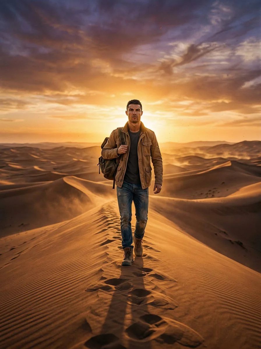 Golden Hour Trek Across Endless Saharan Dunes