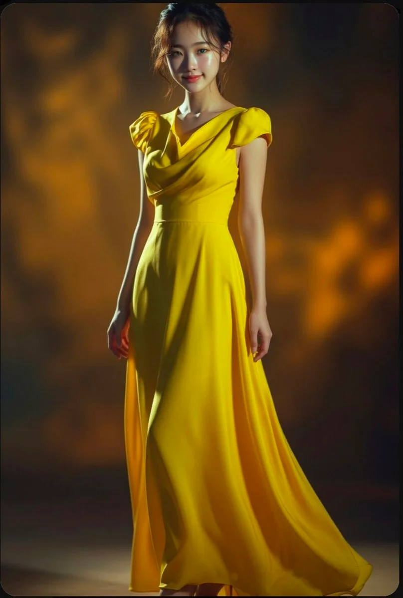 Golden light caresses her gentle smile and flowing yellow gown