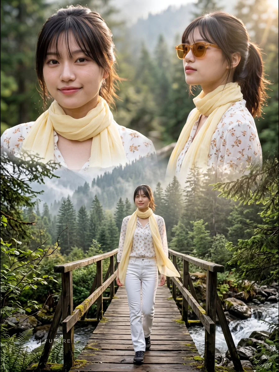 Golden Light Embraces Three Portraits of Woman in Forest