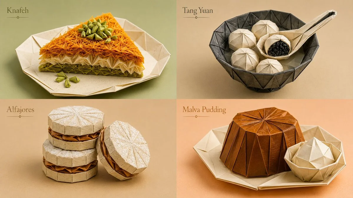 Golden Malva pudding transforms into crisp folded paper dessert