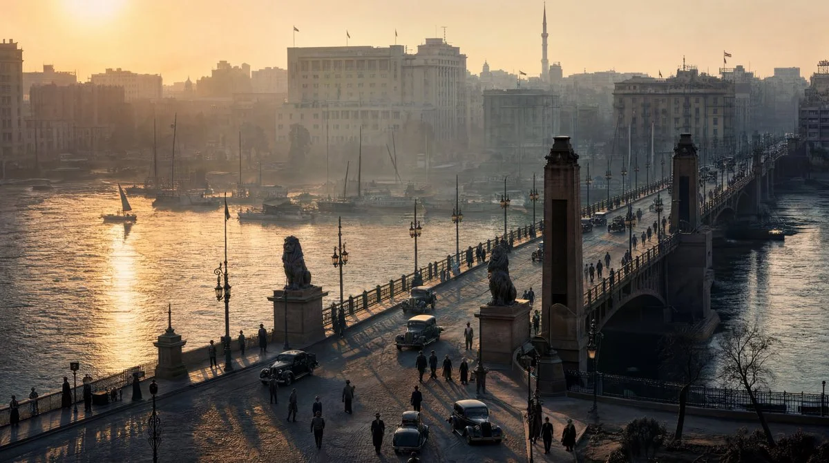 Golden morning mist embraces Cairo's Qasr El Nil Bridge in 1940