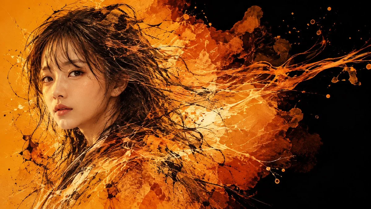 Golden Portrait Dissolves into Flowing Ink and Amber Pigment
