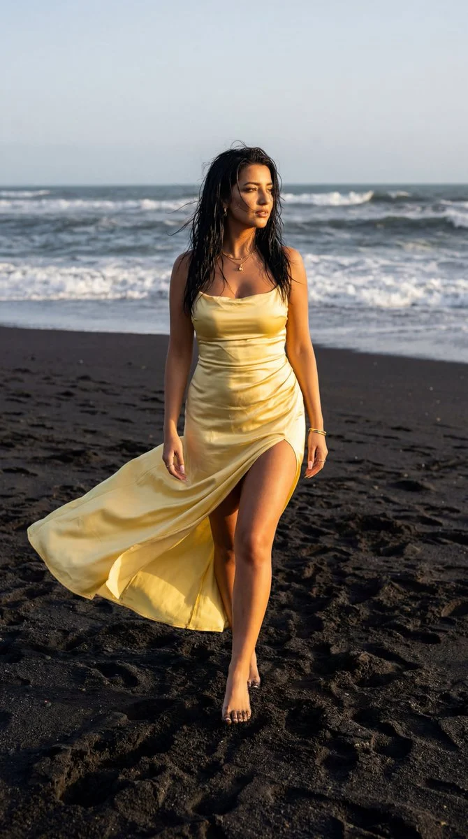 Golden Satin Elegance on a Volcanic Black Sand Beach