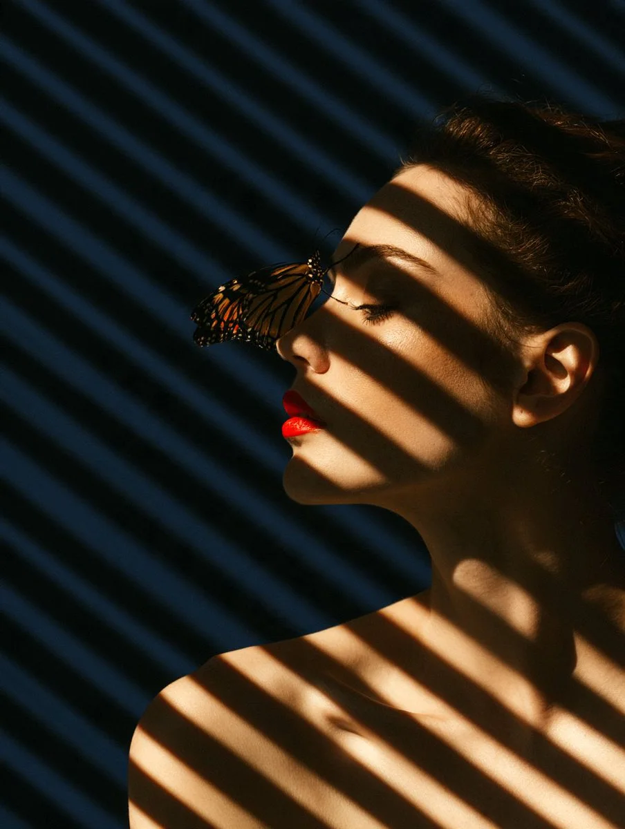 Golden-Skinned Profile Wearing Red Lipstick with Butterfly and Blind Shadows