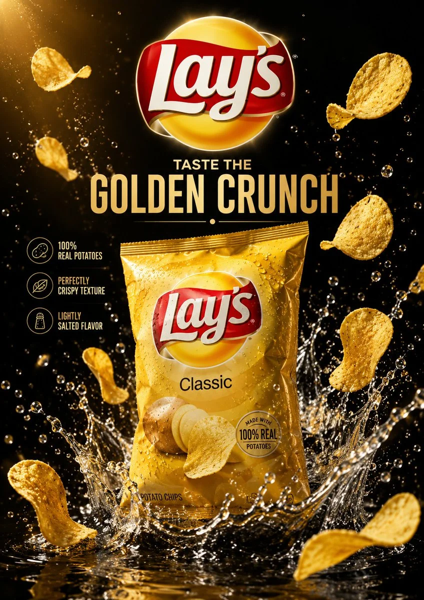 Golden snack chips float in dramatic luxury poster composition.