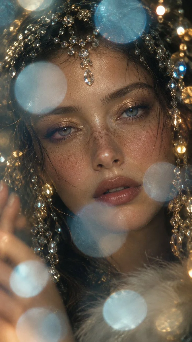 Golden Sparkles Dance Around Her Serene Crystal-Adorned Face