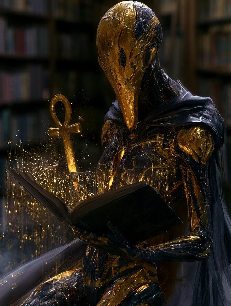 Golden sparks dance from ankh and book as goddess reads