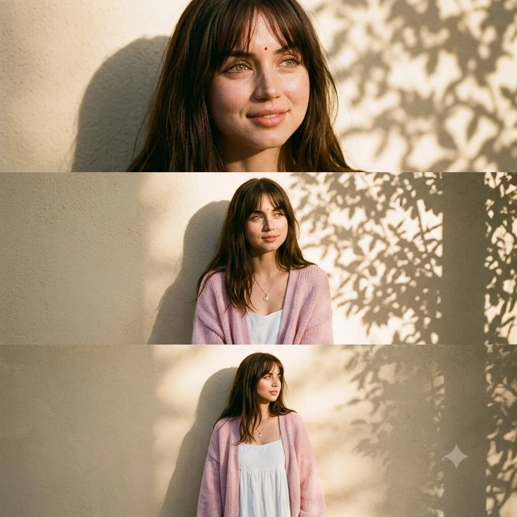 Golden sun rays cast leaf shadows on a woman in pastel knit