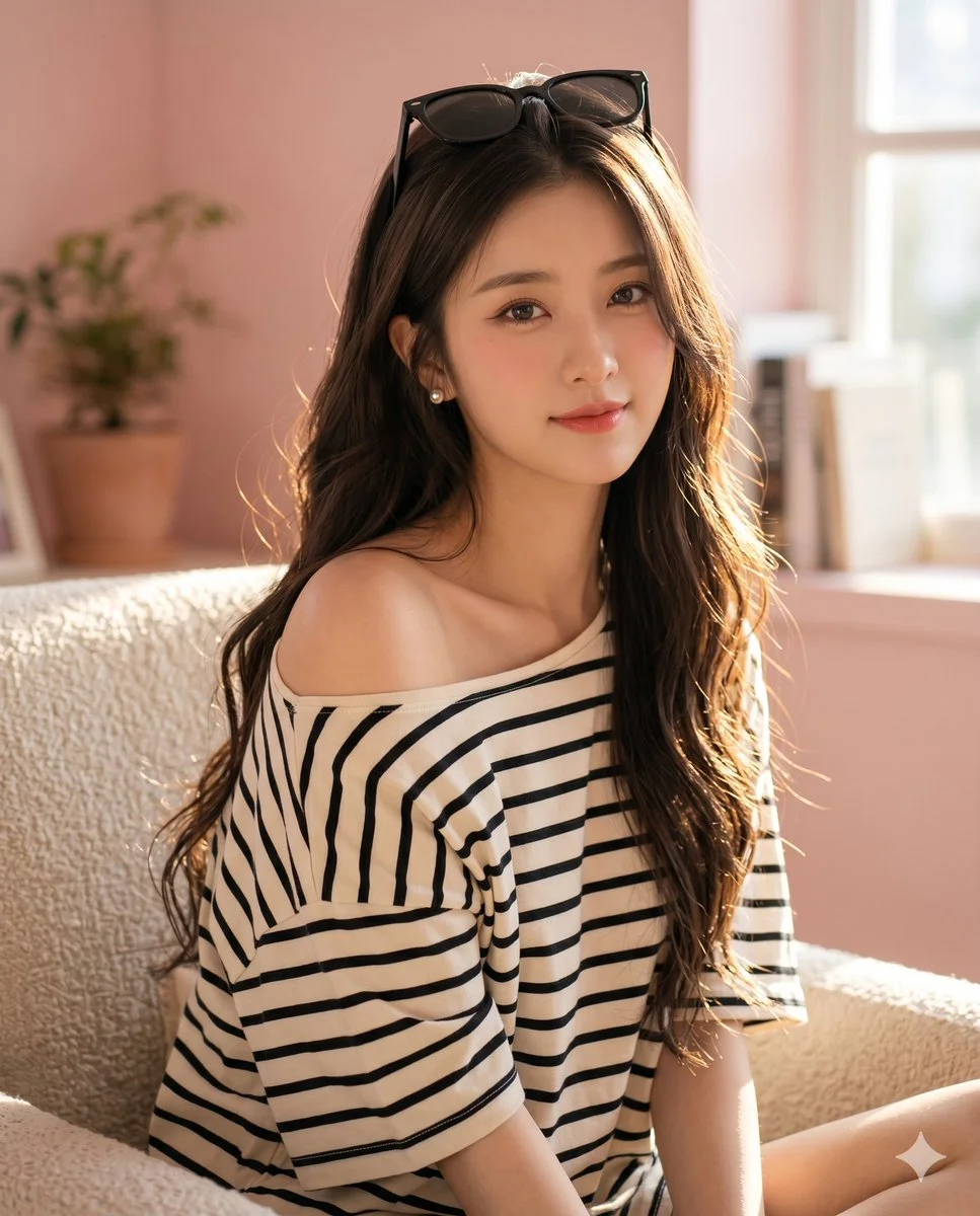 Golden sunlight illuminates a Korean beauty's radiant smile indoors