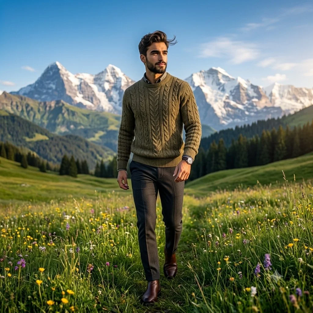 Golden sunlight illuminates a man's confident stride through mountain meadows