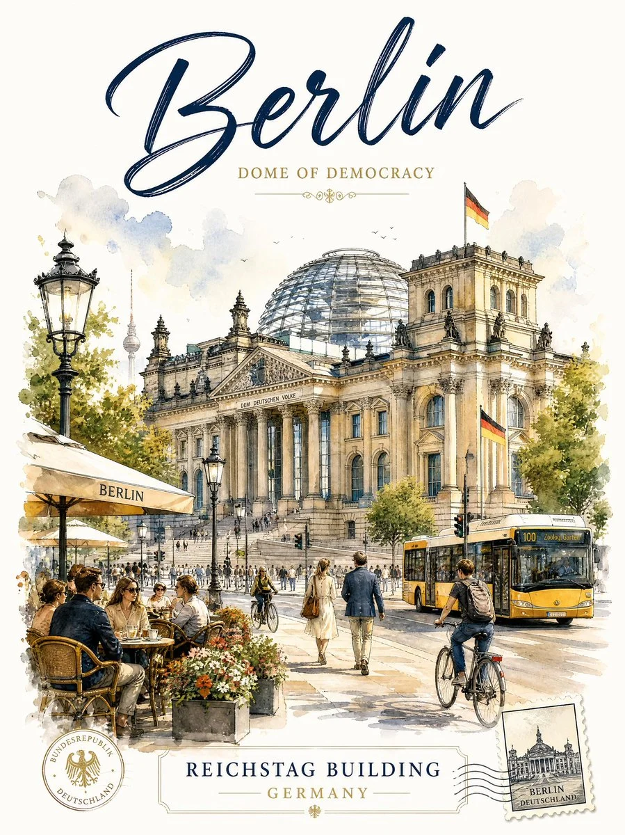 Golden sunlight illuminates Berlin's Reichstag with delicate watercolor washes