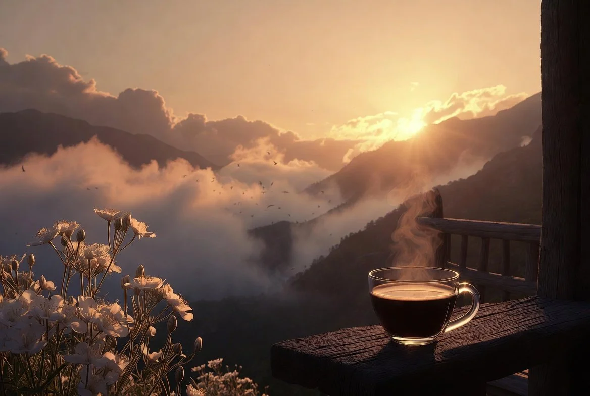 Golden sunrise coffee steams on a wooden balcony above misty mountains