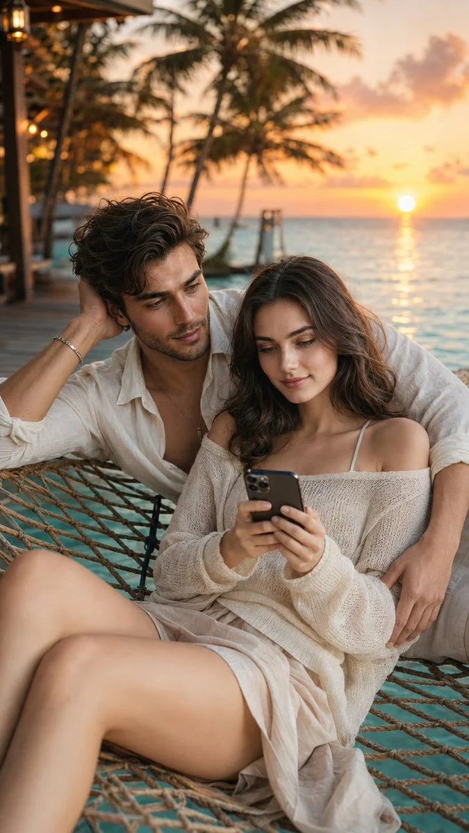 Golden sunset illuminates a romantic couple on a hammock