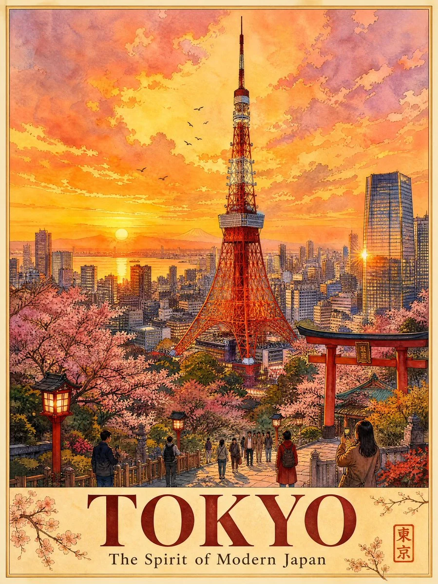 Golden sunset illuminates Tokyo Tower and cherry blossom path