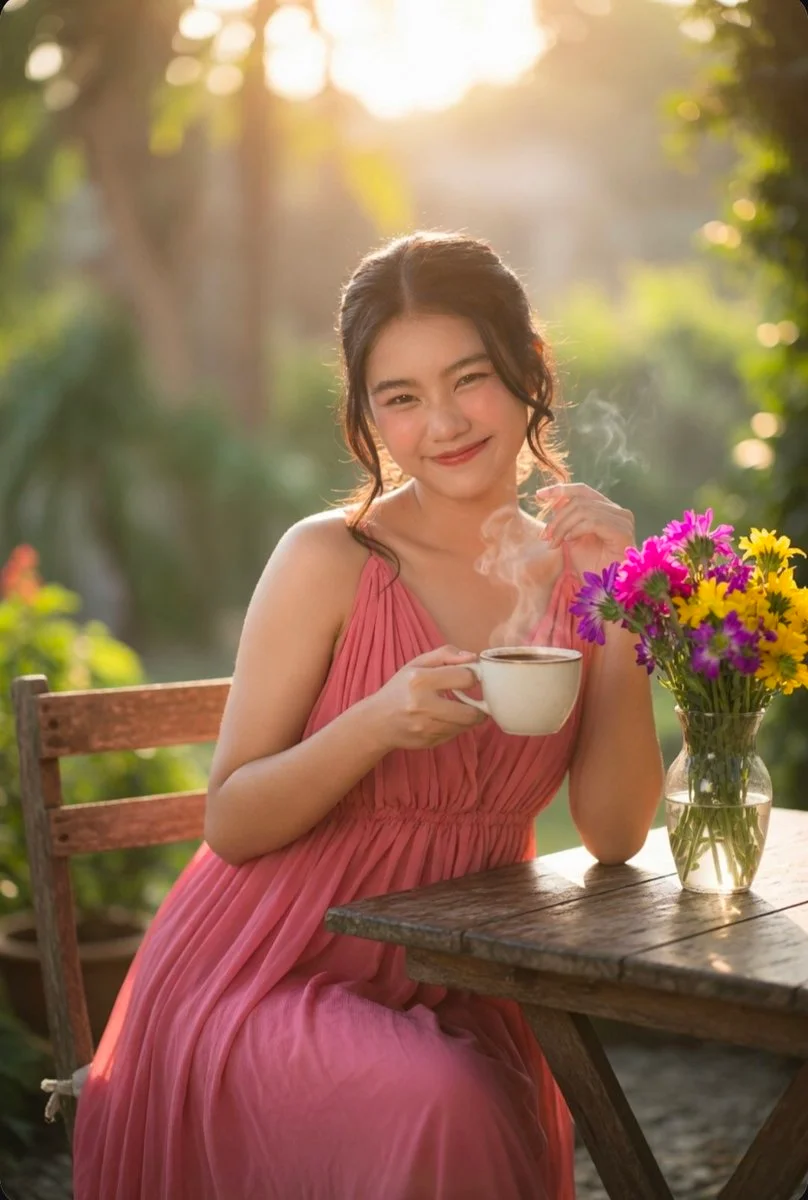 Golden sunset illuminates woman in pink dress at market