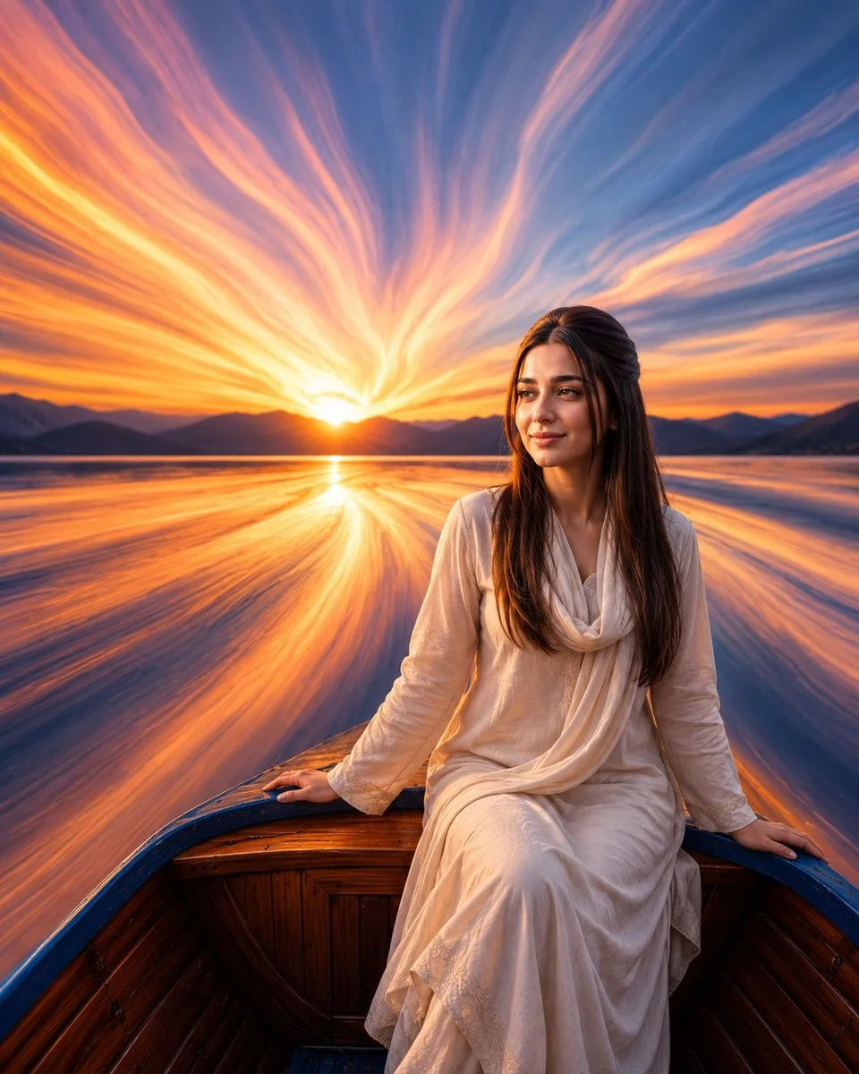 Golden sunset light trails swirl around a wooden boat traveler