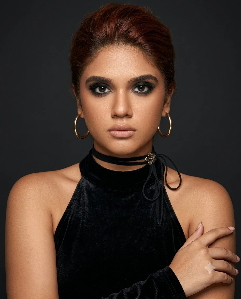 Golden-Tanned Woman Shows New Pulled-Back Hair and Makeup in Studio
