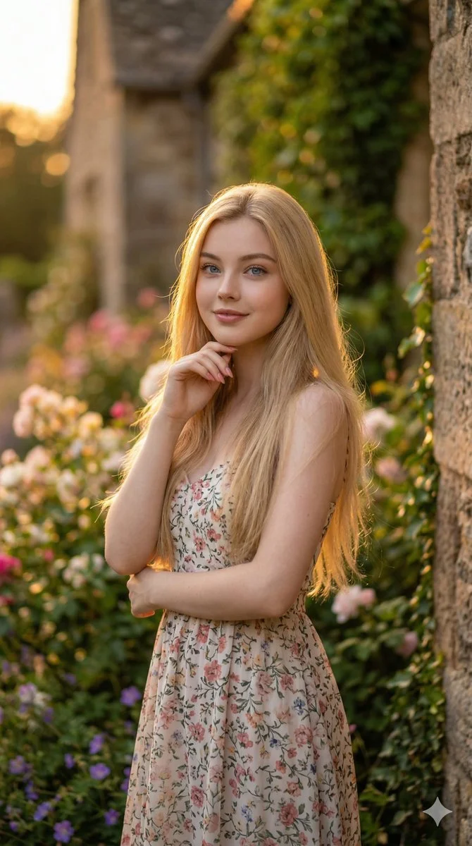 Golden Twilight Maiden Amid Garden and Stone