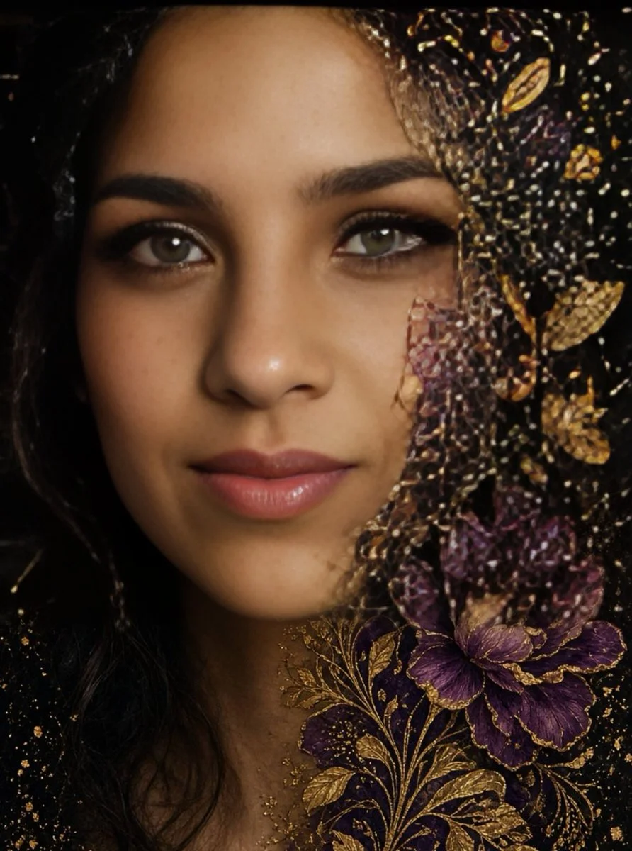 Golden Veil Adorns Woman's Face with Delicate Purple Blossoms