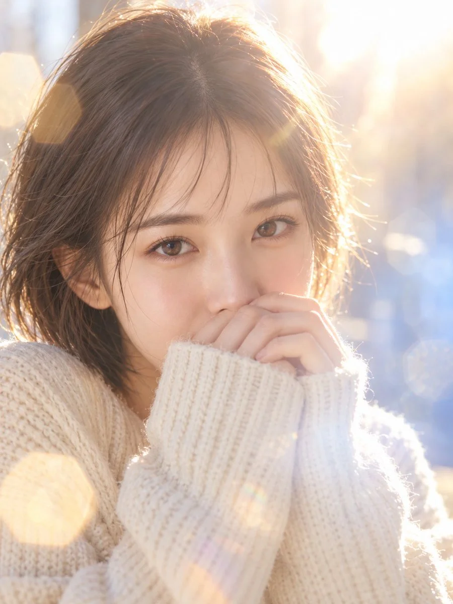 Golden winter backlight softly dissolves a young woman's quiet gaze