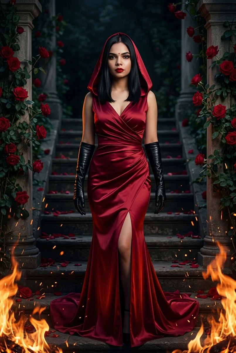Gothic Beauty in Hooded Gown Calmly Walks Through Burning Garden