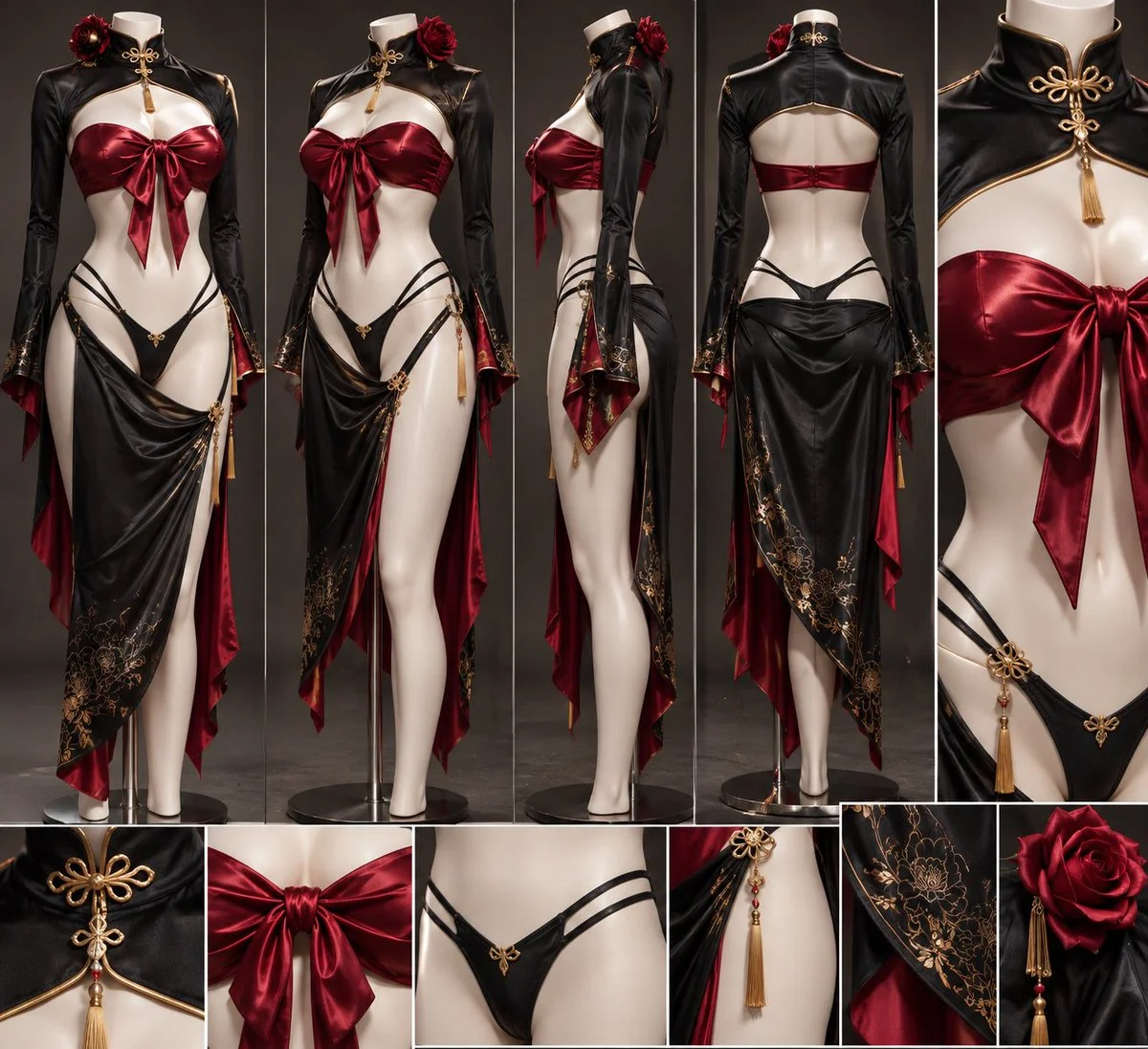 Gothic Cheongsam Elegance in Black and Crimson Satin