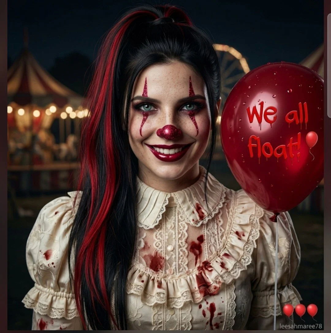 Gothic clown woman with crimson makeup stares menacingly at camera