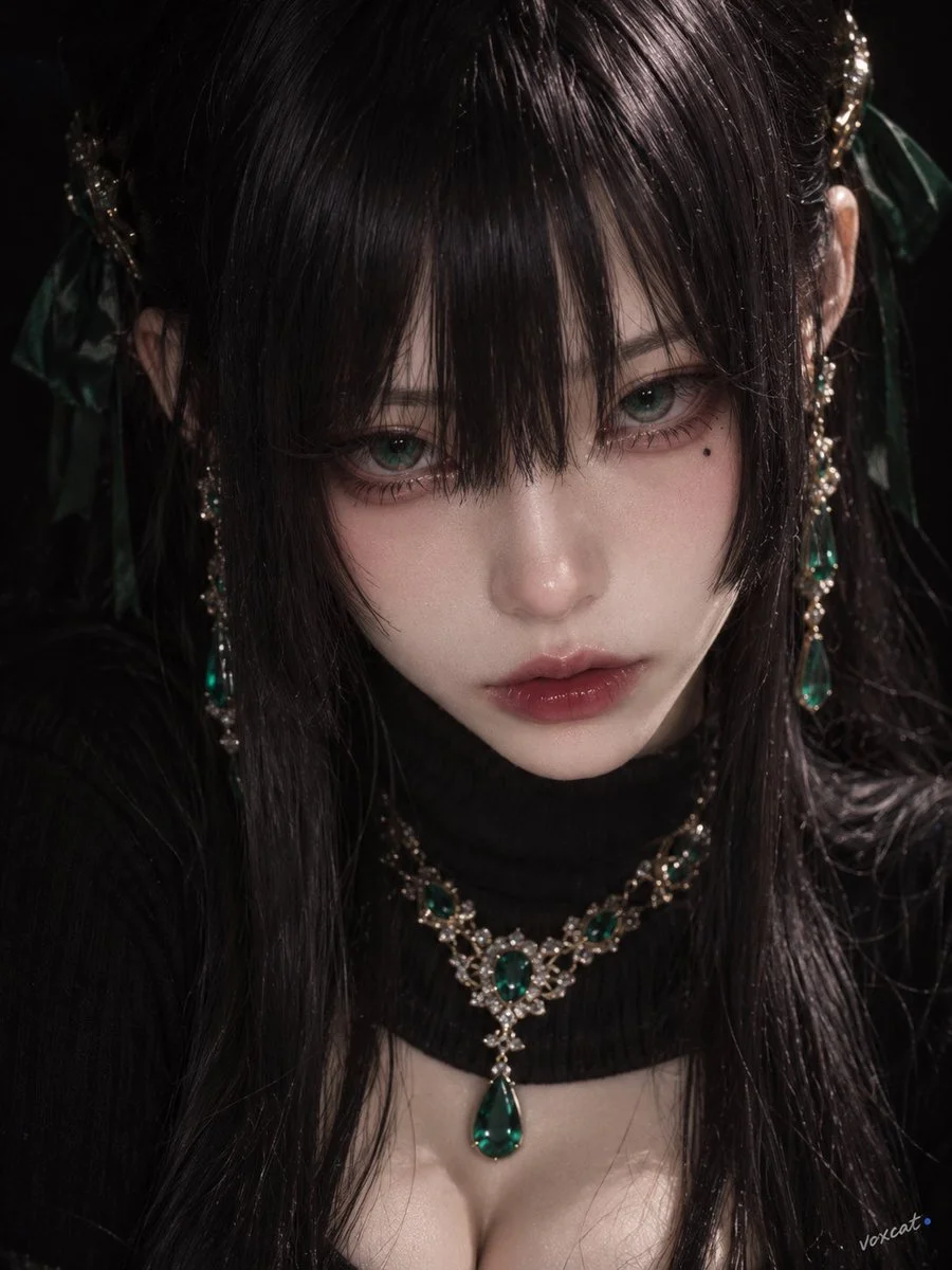 Gothic doll-like woman with hime cut and emerald jewels in soft light