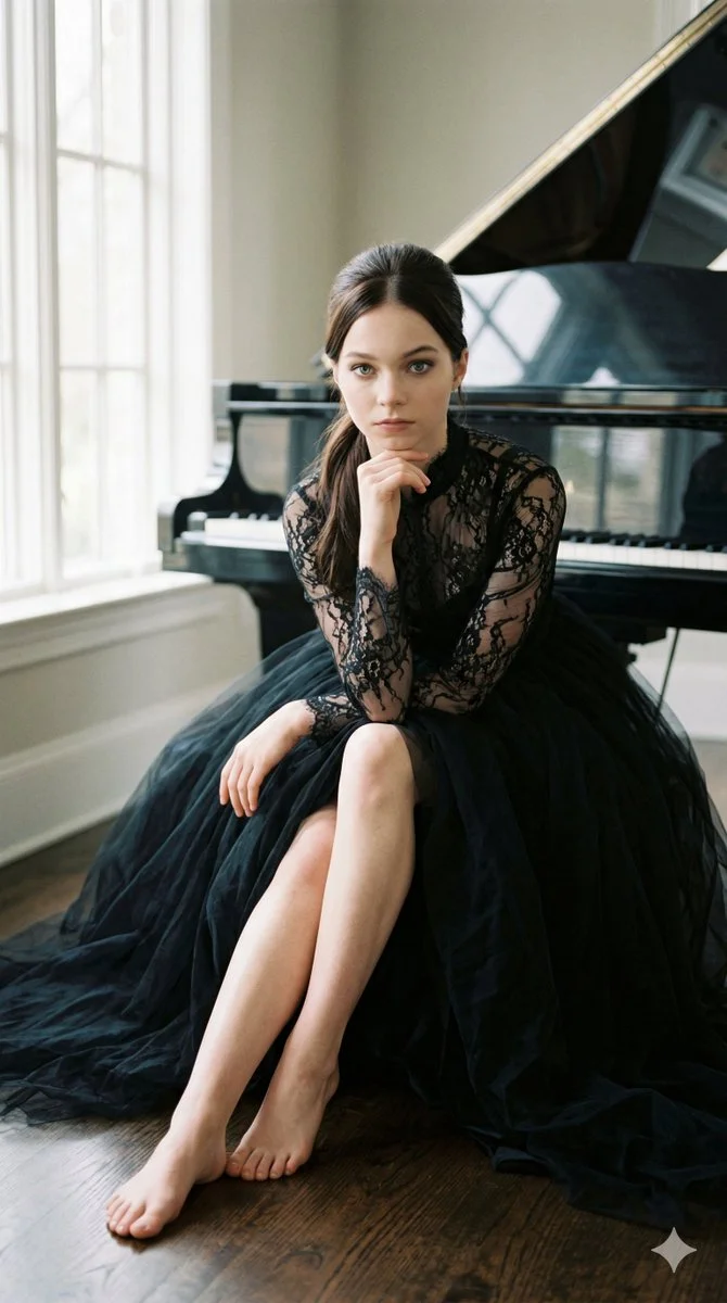 Gothic Elegance: Emma Myers by the Grand Piano