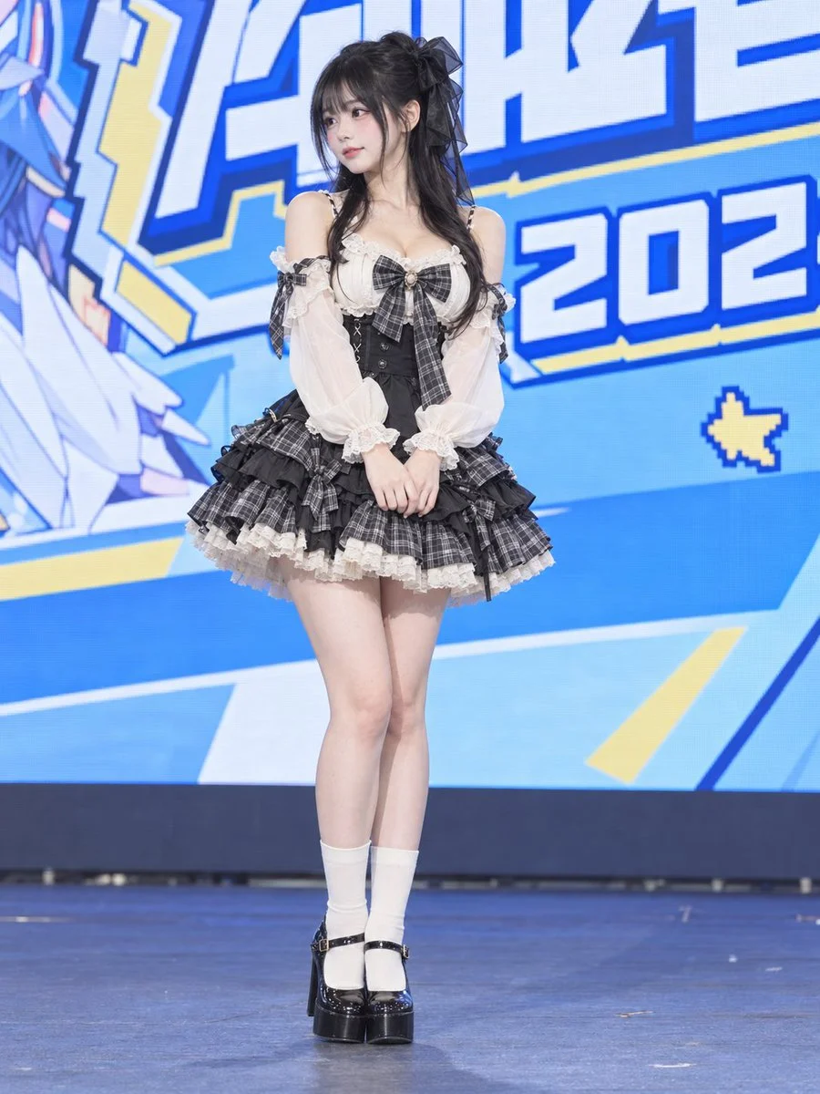 Gothic Lolita girl stands quietly on blue-lit convention stage