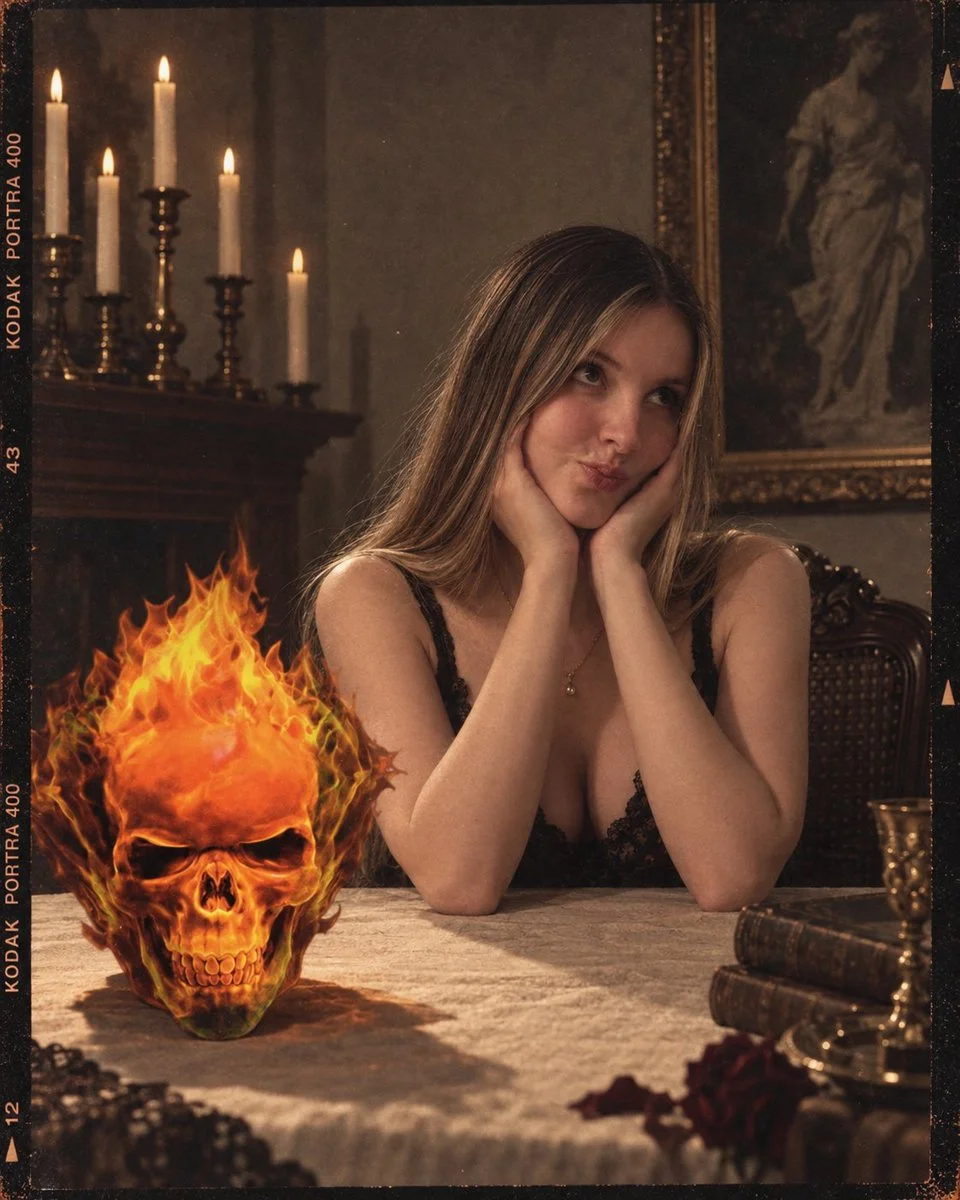 Gothic woman gazes upward beside skull in 1960s analog film photograph