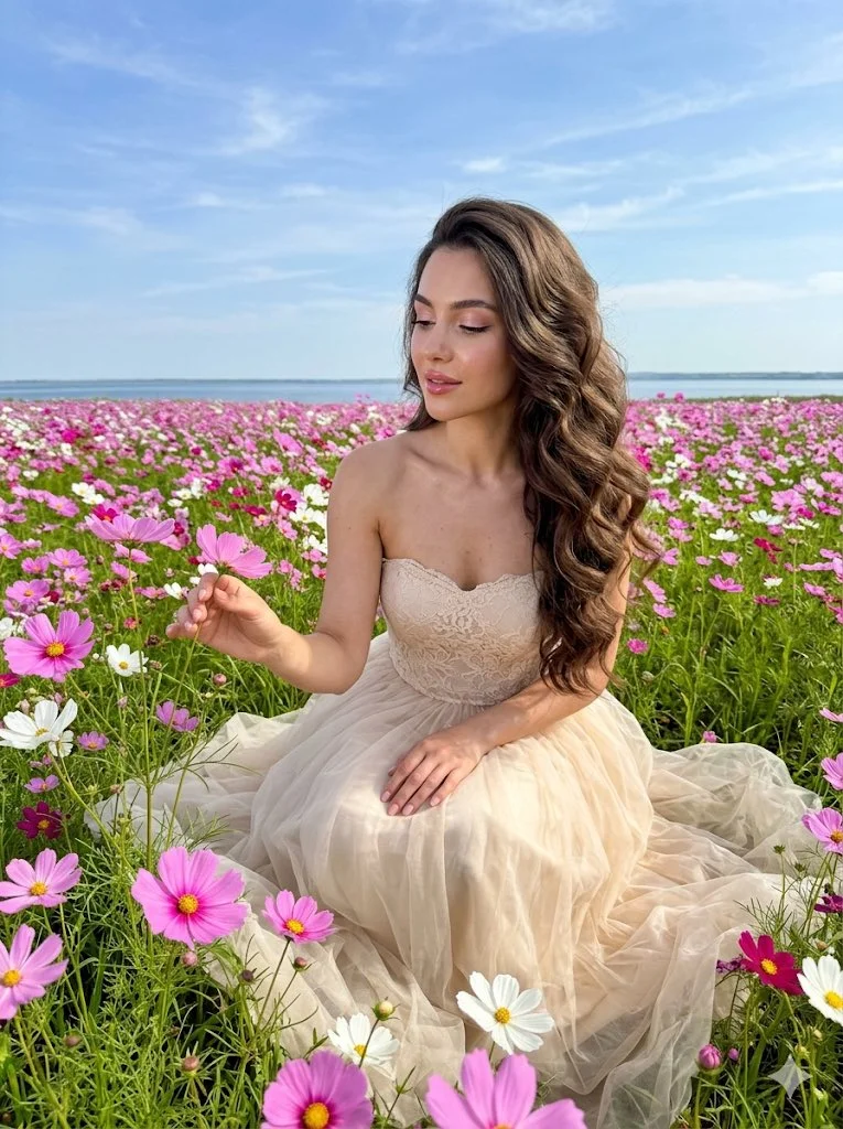 Grace in a Cosmos Field: A Modern, Photorealistic Portrait