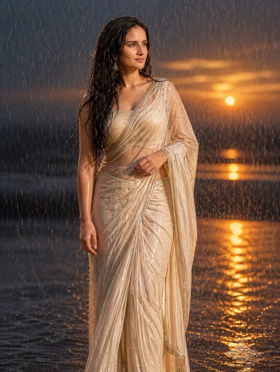 Grace Under Storm: South Asian Woman in a Rainy Sunset