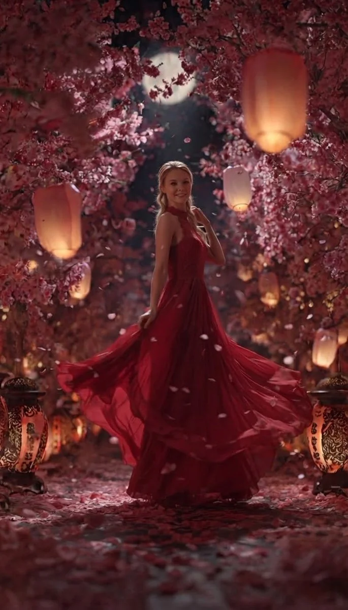 Graceful blonde woman in red gown stands beneath glowing cherry blossoms