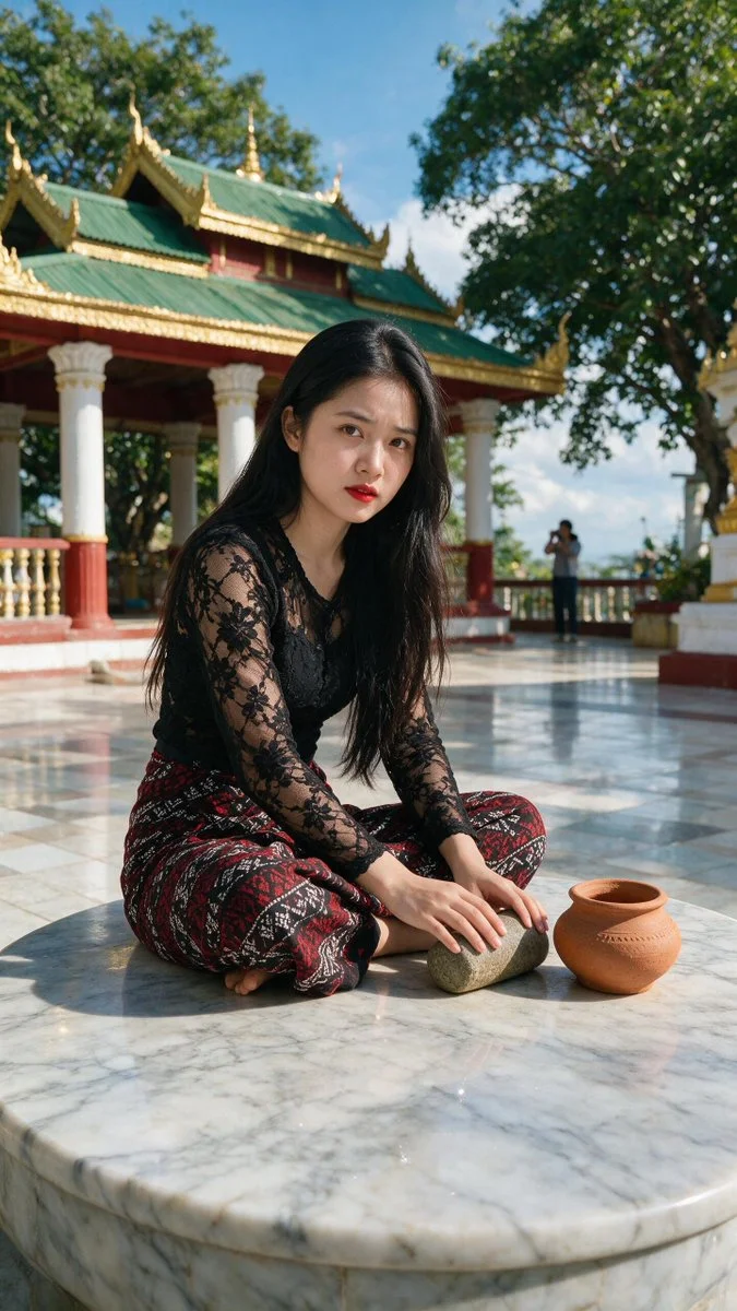 Graceful Burmese woman in lace and longyi by temple courtyard