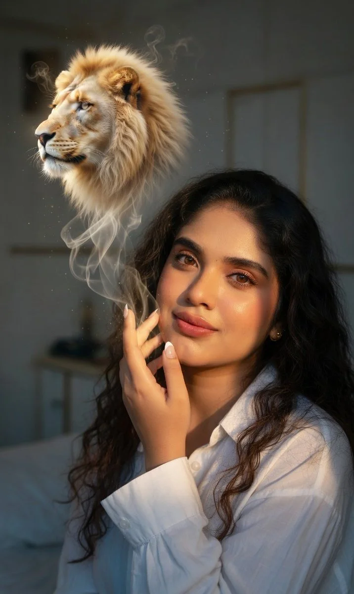 Graceful Connection: Woman Summons a Glowing Lion Spirit
